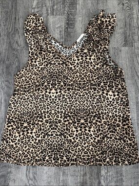 entro Leopard Print Ruffle Shoulder Tank Top - Tan & Black